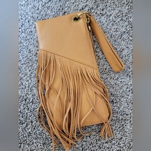 HOBO Fringed Tan Leather Wristlet
